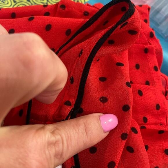 GANNI Mullin Georgette Red Polka Dot Long Sleeve Ruffle Hem Mini Dress Sz 2 - Picture 16 of 16